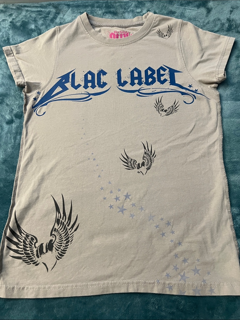 Black Label Pink women’s Gray Graphic ANGEL OF DEATH  Tee with Blue Logo